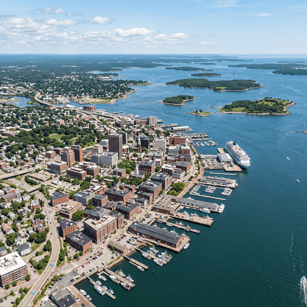 Aerial view of a coastal city with docks, boats, and multiple green islands in the bay