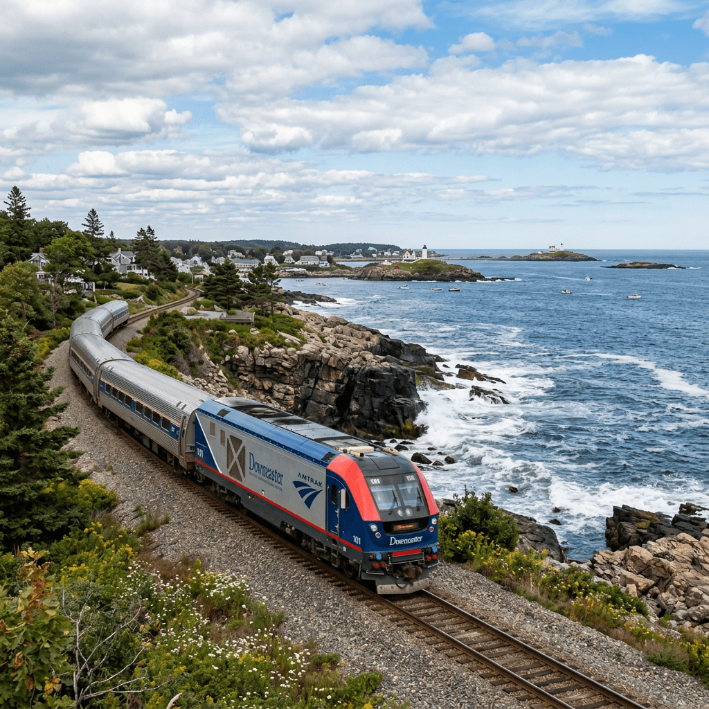Amtrak Downeaster train moving on railroad tracks by rocky coastline and ocean