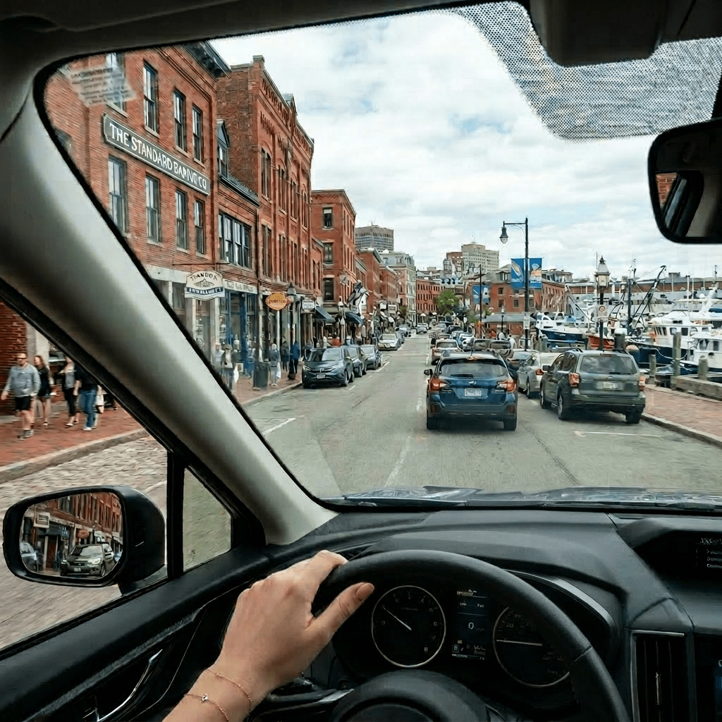 View from car driving down waterfront street with traffic and brick buildings