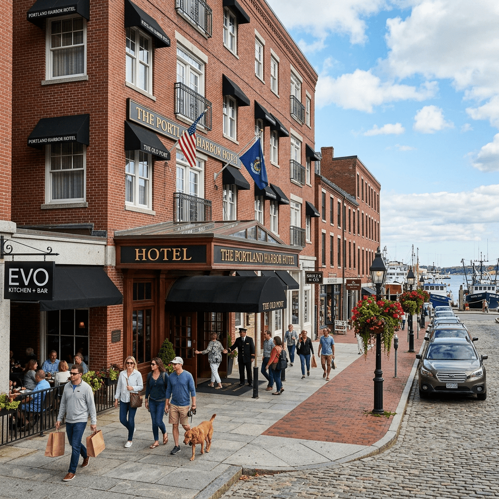 People walking and dining near The Portland Harbor Hotel on a waterfront street with parked cars and boats in the background