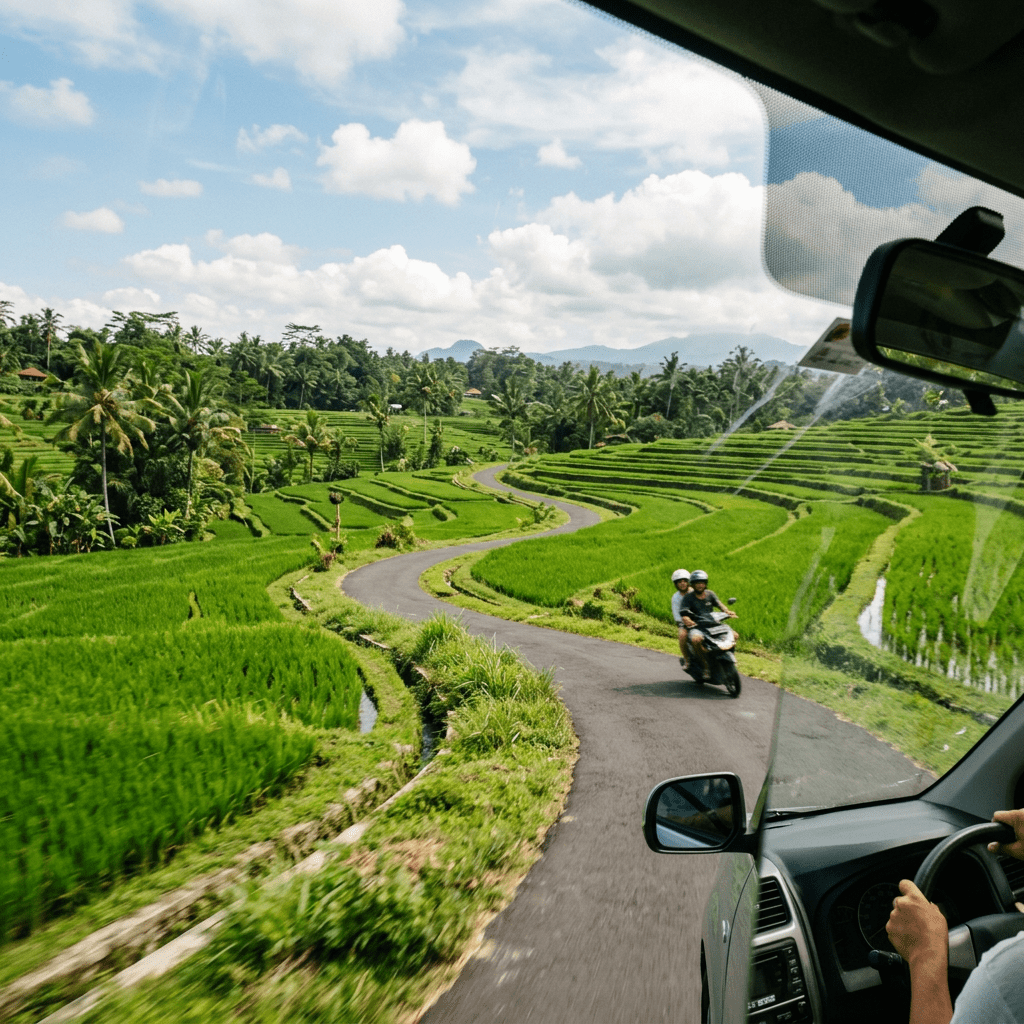 Curvy road winding through vibrant green rice terraces with two people riding a motorbike