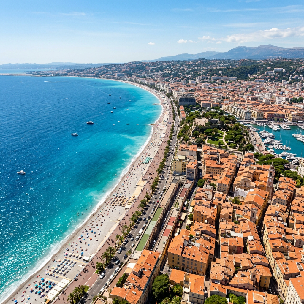 Aerial view of a coastal city with a long sandy beach, turquoise sea, and terracotta-roofed buildings
