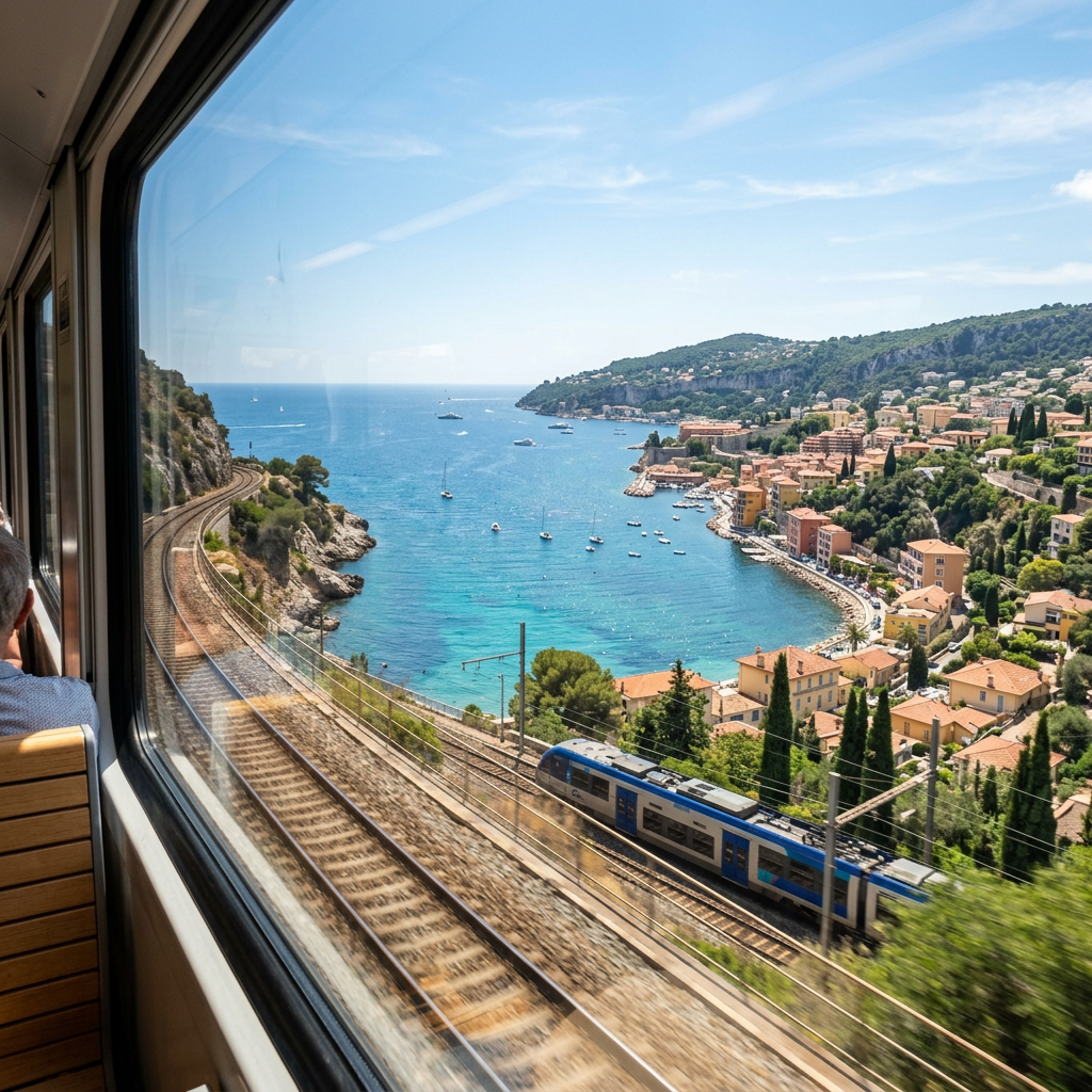 Train traveling along coastal railway with Mediterranean sea and hillside village