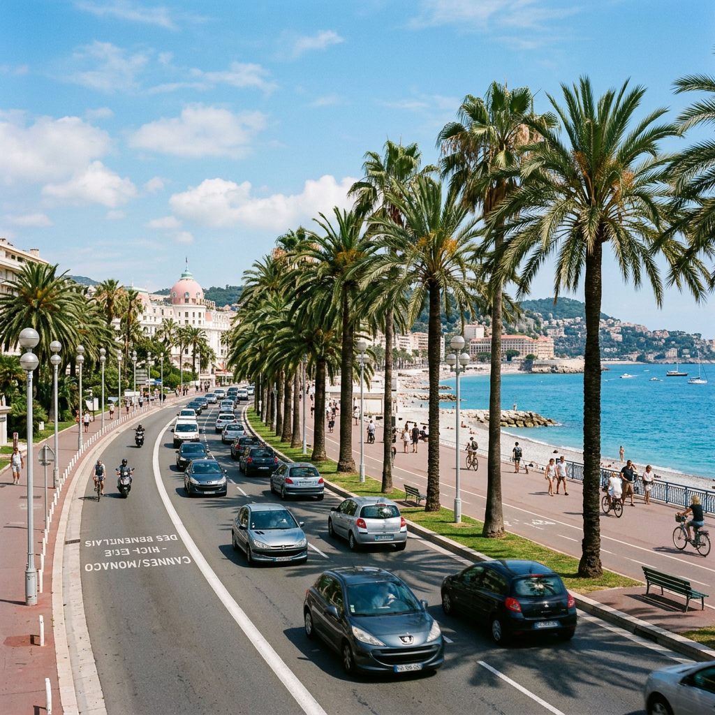 Coastal road with cars, cyclists, palm trees, and people walking near the beach
